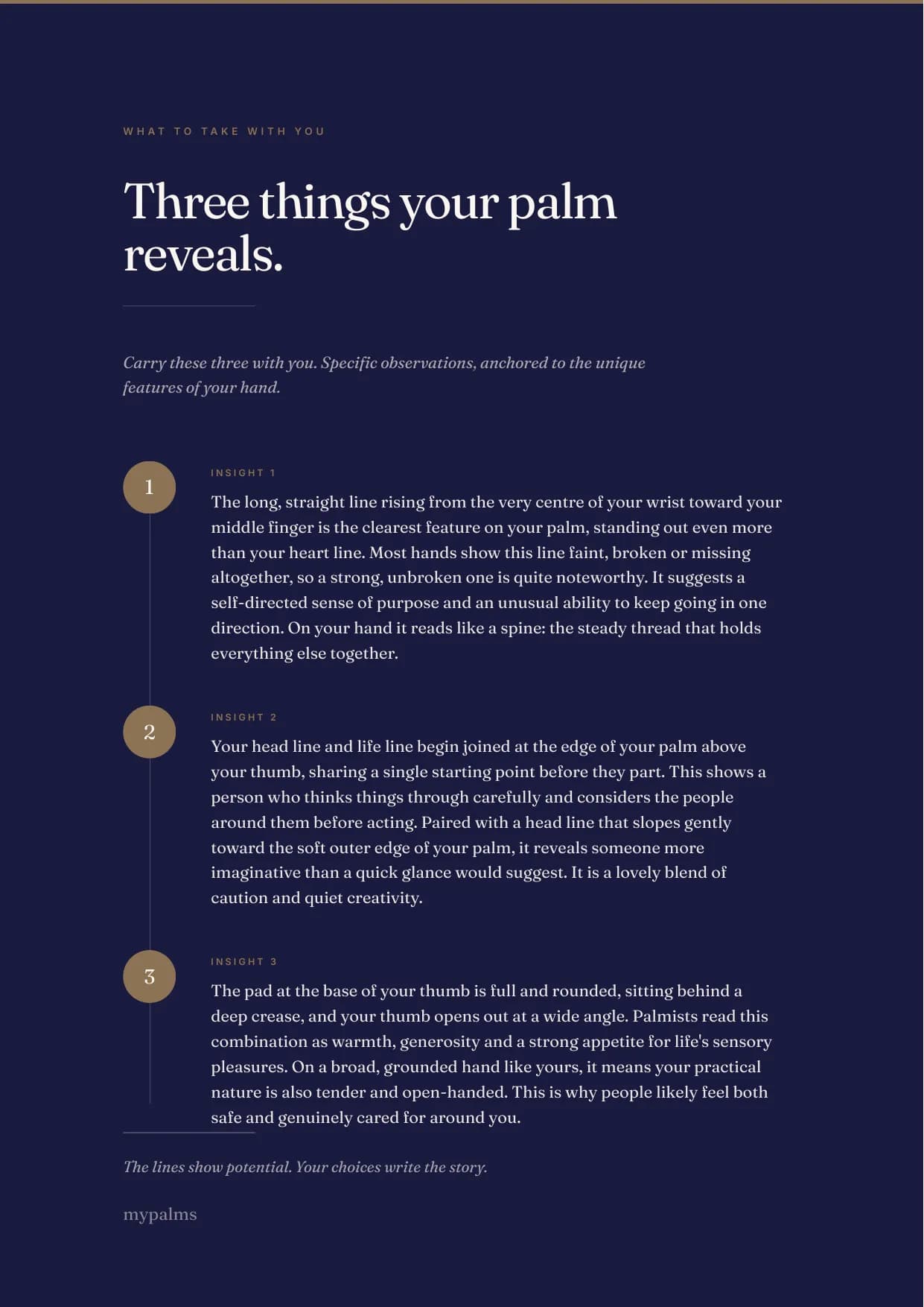 Sample reading, page 10: Three things your palm reveals